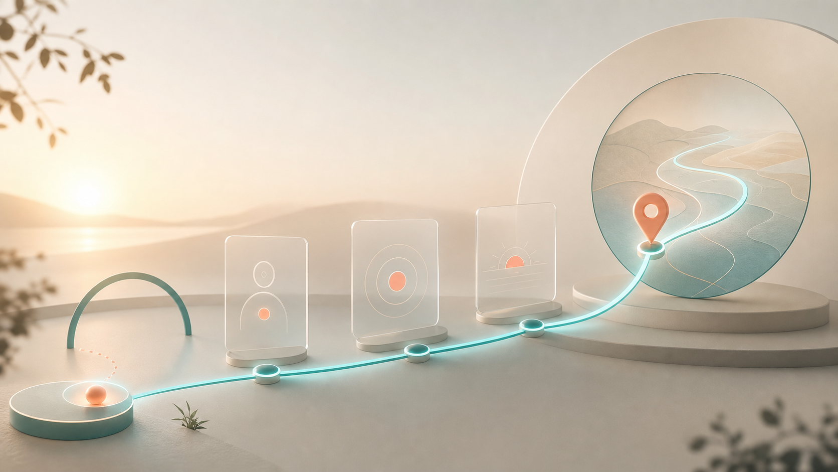 A glowing Wishline path showing nodes, a line, and a map position.